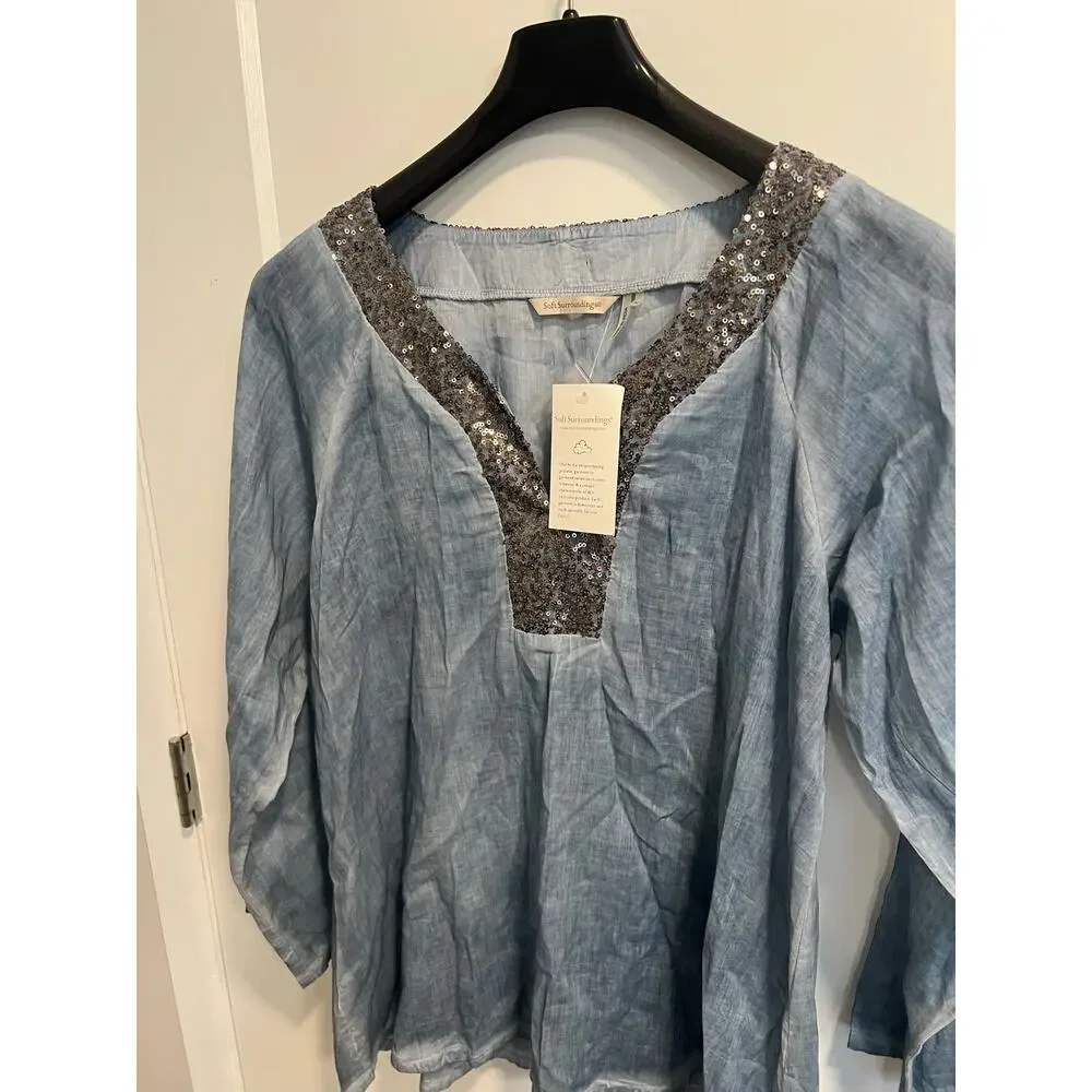 NEW! Soft Surroundings Women’s Sequin V Neck Cotton Top Boho Blouse Size M‎ - Picture 5 of 10